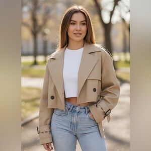 642. Vintage Style Cropped Belted lightweight spring Trench In Tan